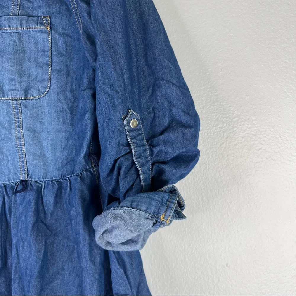 Justice Dress Girls 14/16 Blue Denim Chambray Embellished‎ Collar Roll Up Sleeve